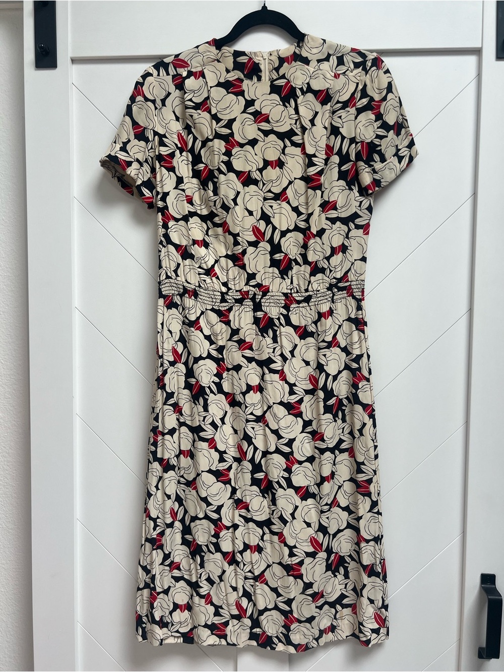 Popi 1990’s Black Midi Dress with Cream Floral Print and Red Accents